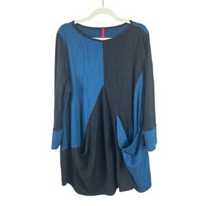 IC By Connie K Knit Tunic Top Color Block Lagenlook Artsy Blue Black Sz. XL